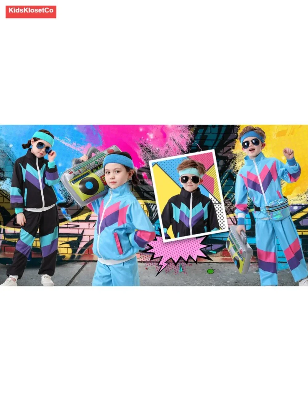Kids 80s 90s Costume Set Unisex Tracksuit 6Pcs Retro Dance Outfit